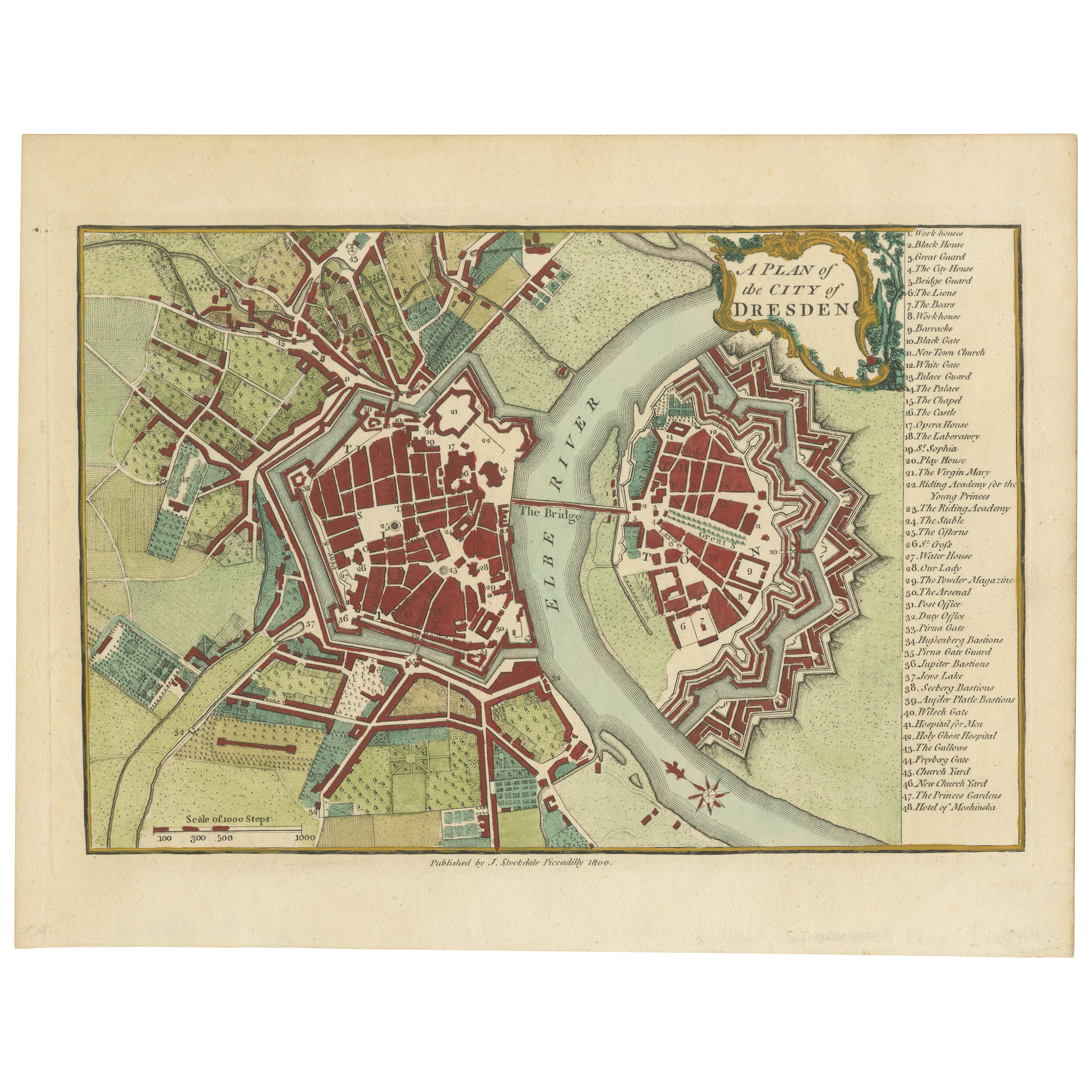 Mapa original antiguo de Dresde, Alemania, por J. Stockdale, 1800 en venta