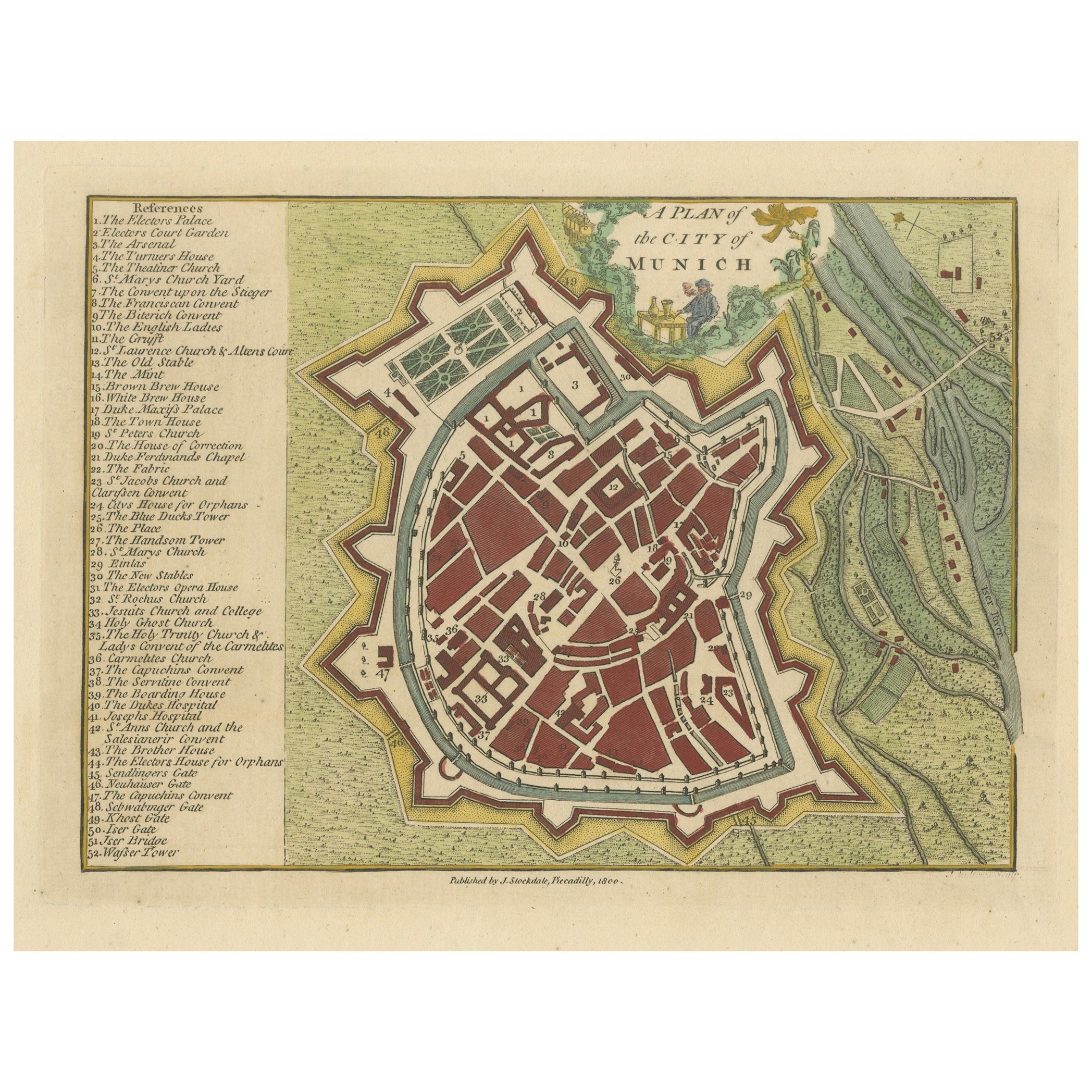 Mapa original antiguo de Munich, Alemania, por J. Stockdale, 1800