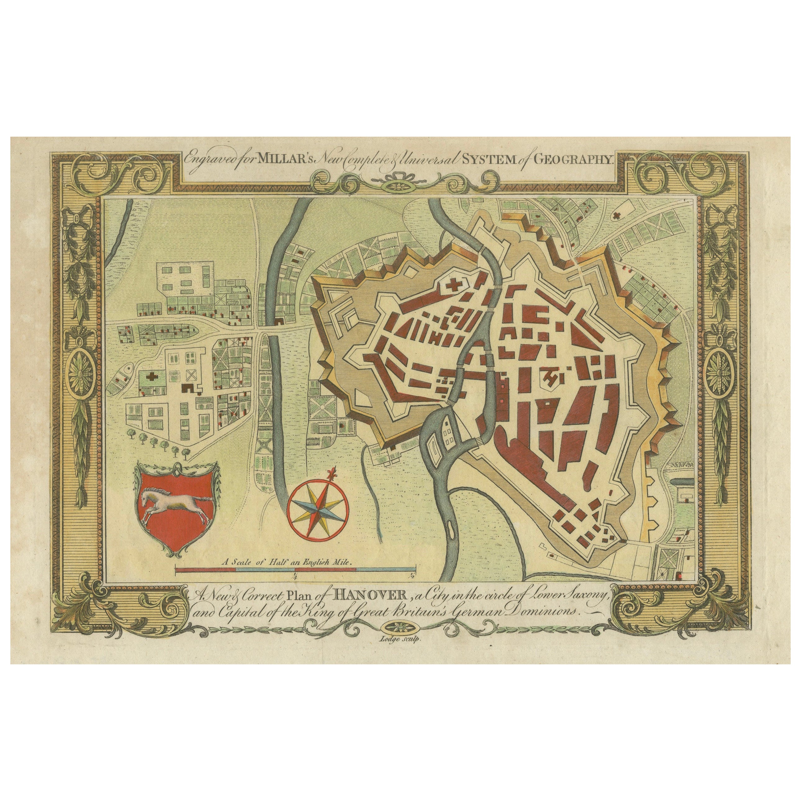 Carte décorative de Hanover, Lower Saxony par Lodge, vers 1785