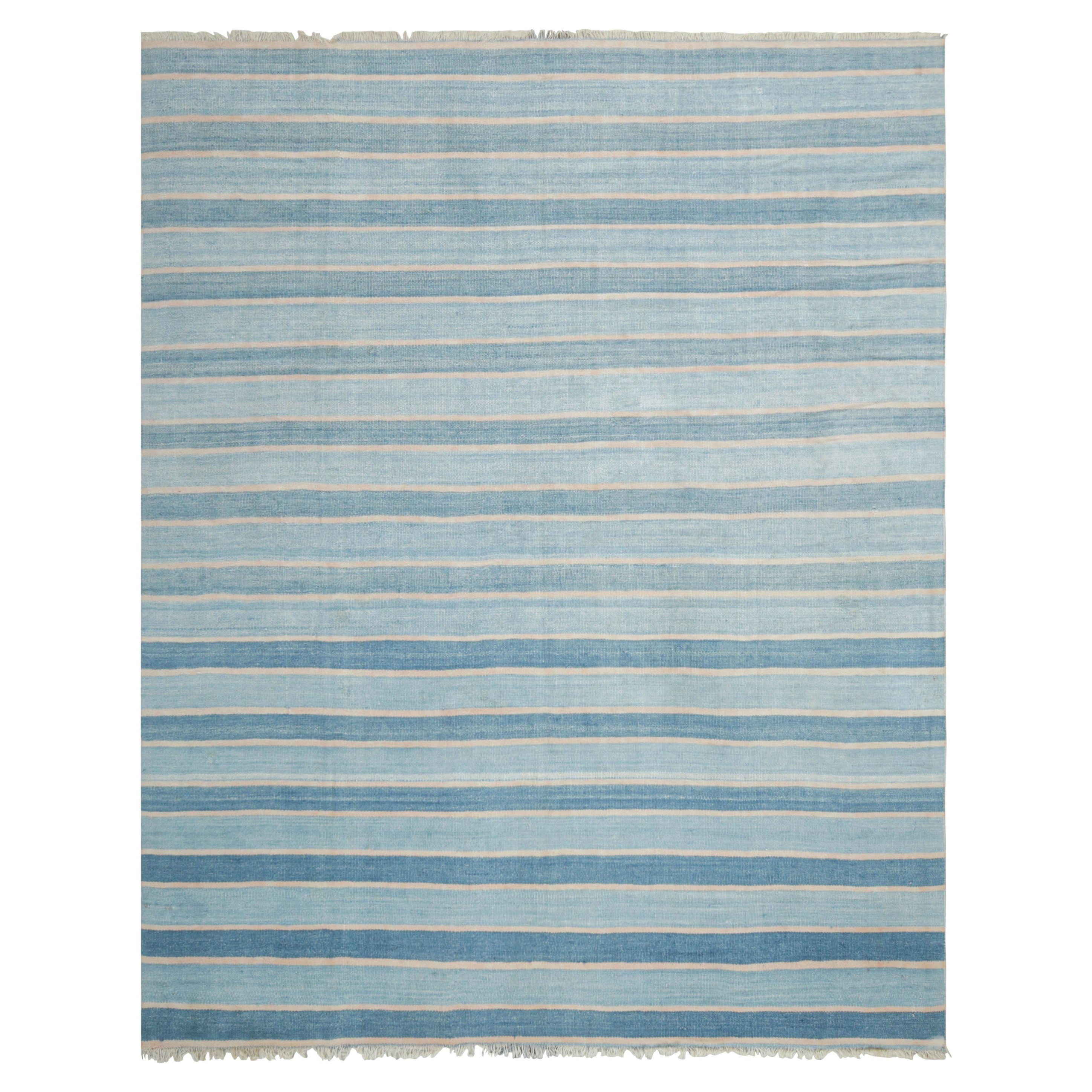 Vintage Dhurrie Rug with Blue Stripes and Cream White Accents - Rug & Kilim