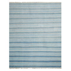 Vintage Dhurrie Rug with Blue Stripes and Cream White Accents - Rug & Kilim