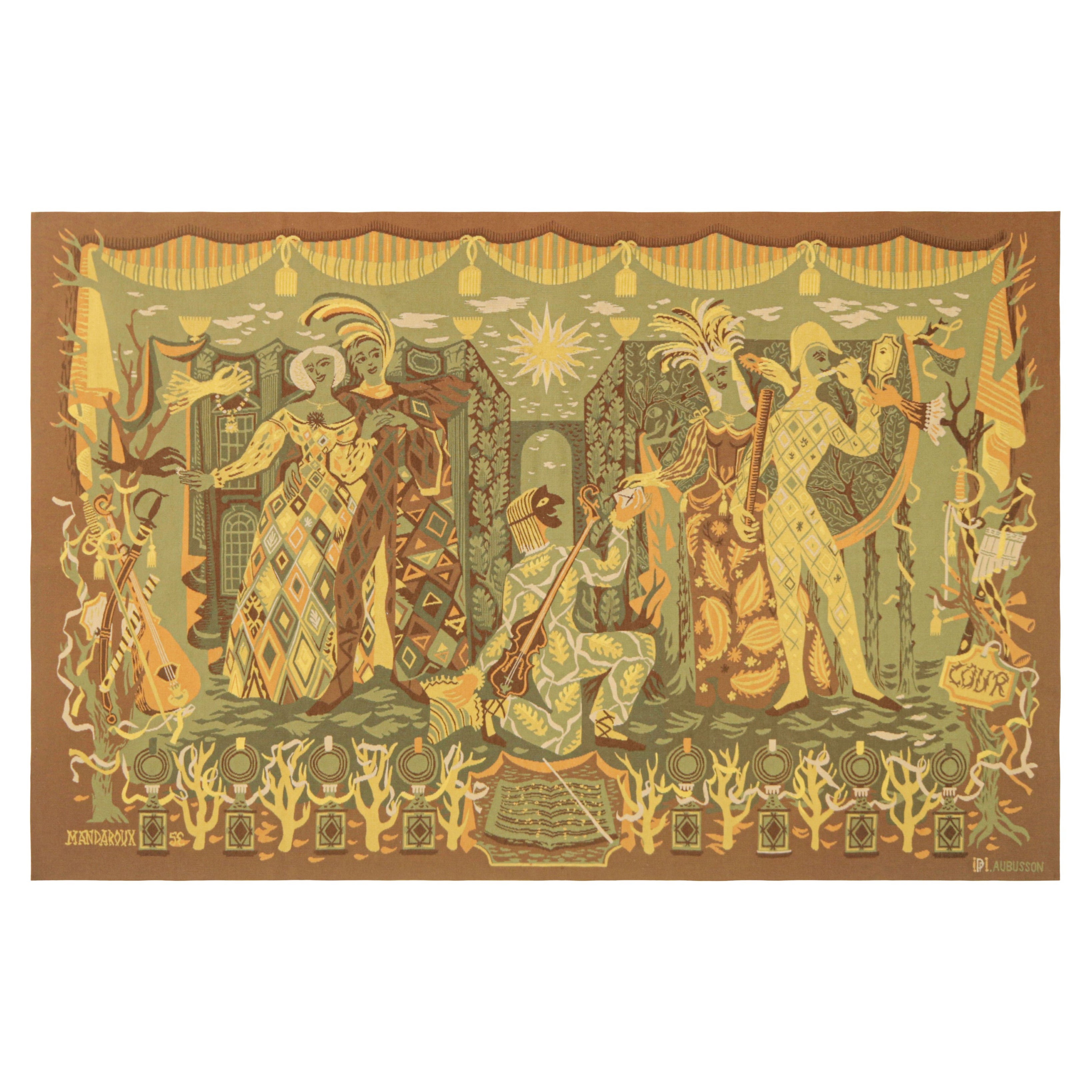 Vintage French Aubusson Mandaroux Tapestry in Green with Pictorial  Rug & Kilim For Sale