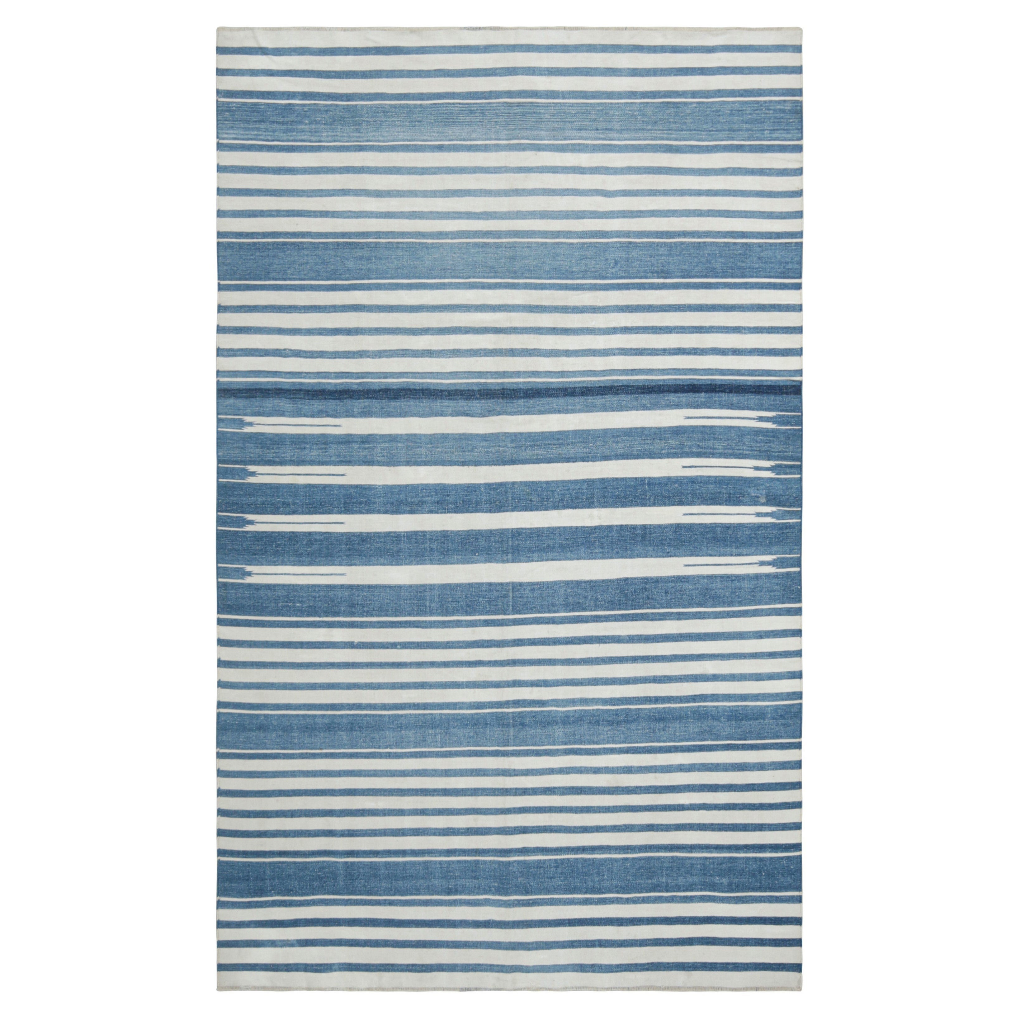 Rug & Kilim’s Contemporary Dhurrie Rug with Blue and off-White Geometric Stripes For Sale