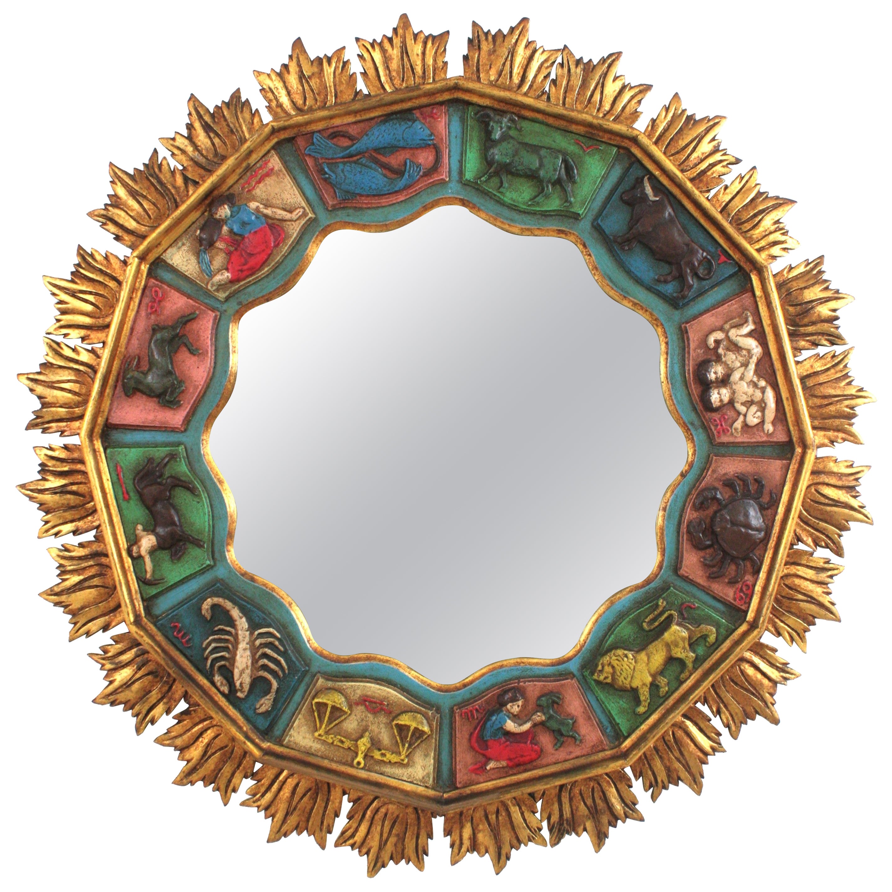 Zodiac Giltwood XL Sonnenschliff-Spiegel mit polychromem Rahmen, Spanien 1950 im Angebot