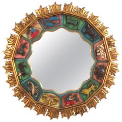 Zodiac Giltwood XL Sunburst Mirror with Polychrome Frame, Spain 1950