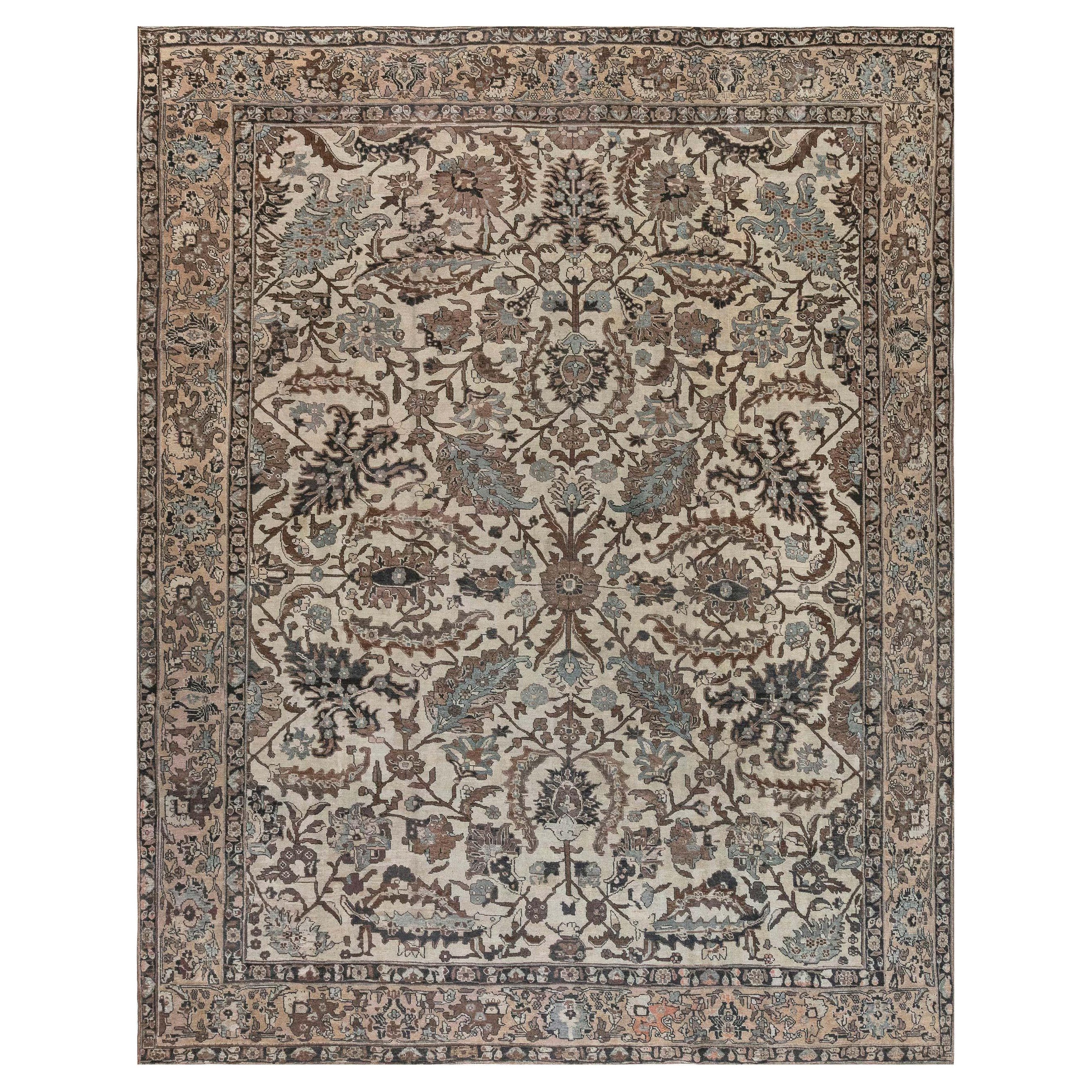 Doris Leslie Blau 1900s Tabriz Elfenbein, Blau, Braun Handgefertigter Wollteppich