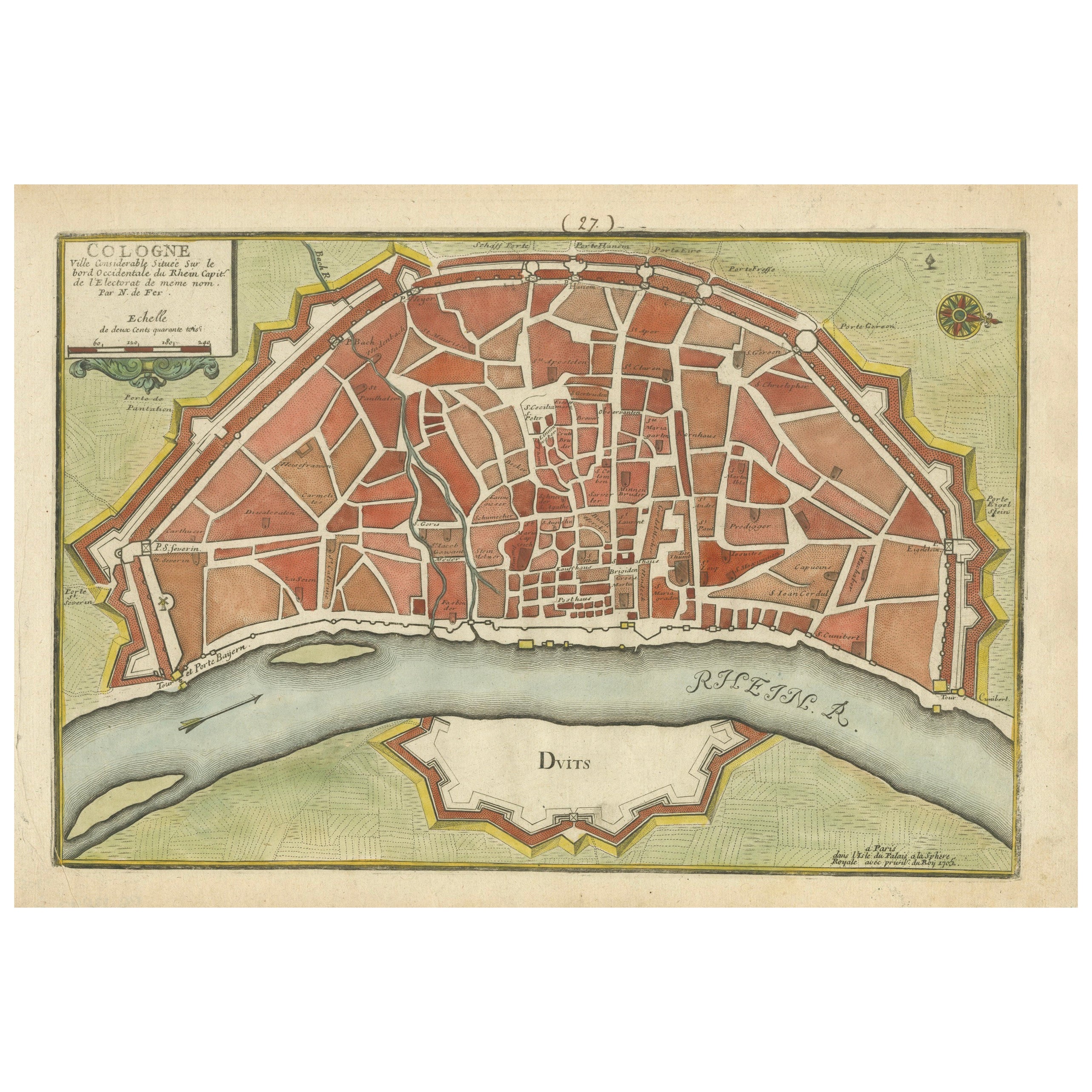 Hand-Colored City Plan of Cologne by Nicolas de Fer, 1705 For Sale