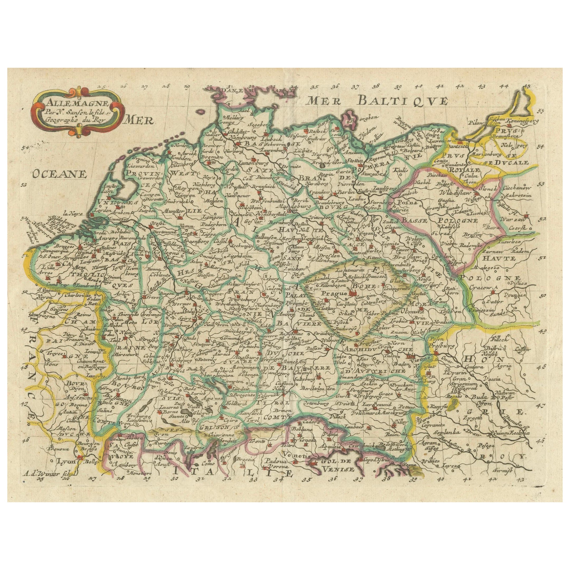 Dekorative handkolorierte Karte von Deutschland von Nicolas Sanson, 1648