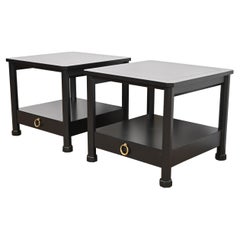 Baker Furniture French Regency Black Lacquered Cherry Wood Two-Tier Nightstands