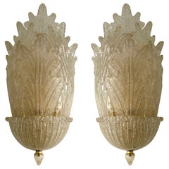 Pair of Murano Glass and Brass Flame Palm Tree Sconces, Italy, 1970s