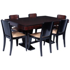 Antique French Art Deco Macassar Ebony Dining Table and Six Chairs