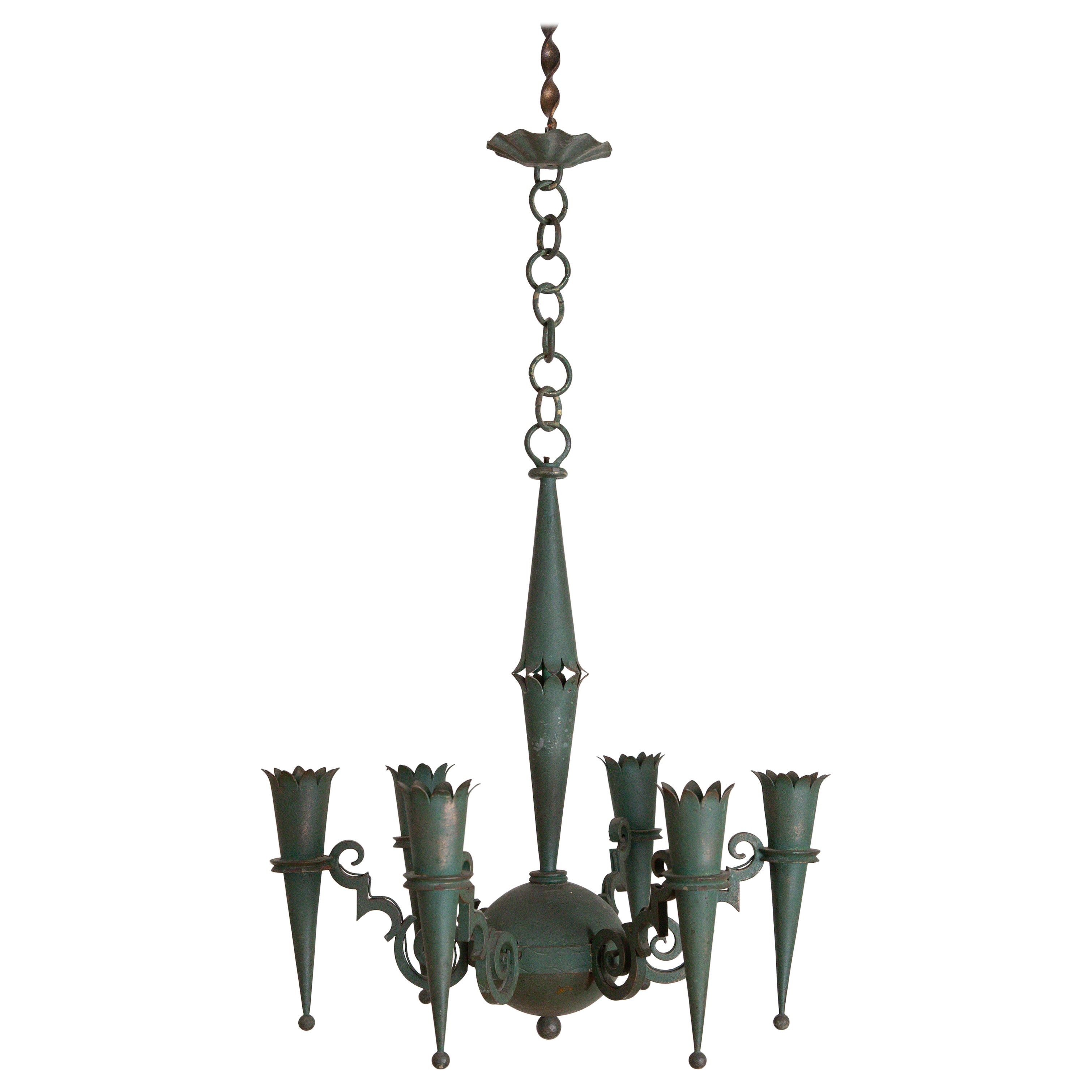 French Painted Iron and Metal Art Deco 6-Light Chandelier, 2nd quarter 20th cen. For Sale