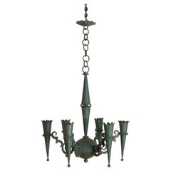 French Painted Iron and Metal Art Deco 6-Light Chandelier, 2nd quarter 20th cen.