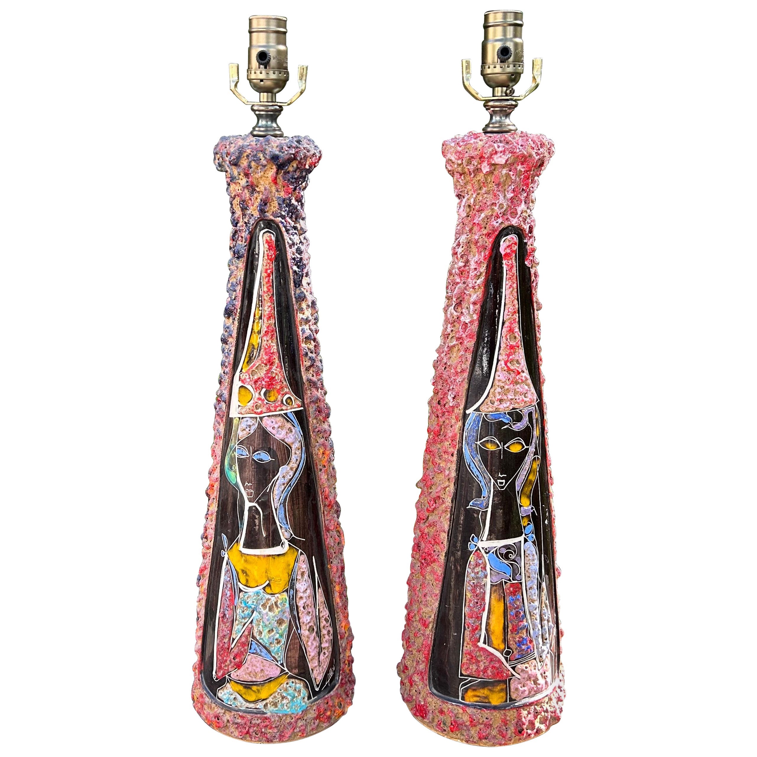 Pair Of Italian Modern Glazed Ceramic Lamps For Sale