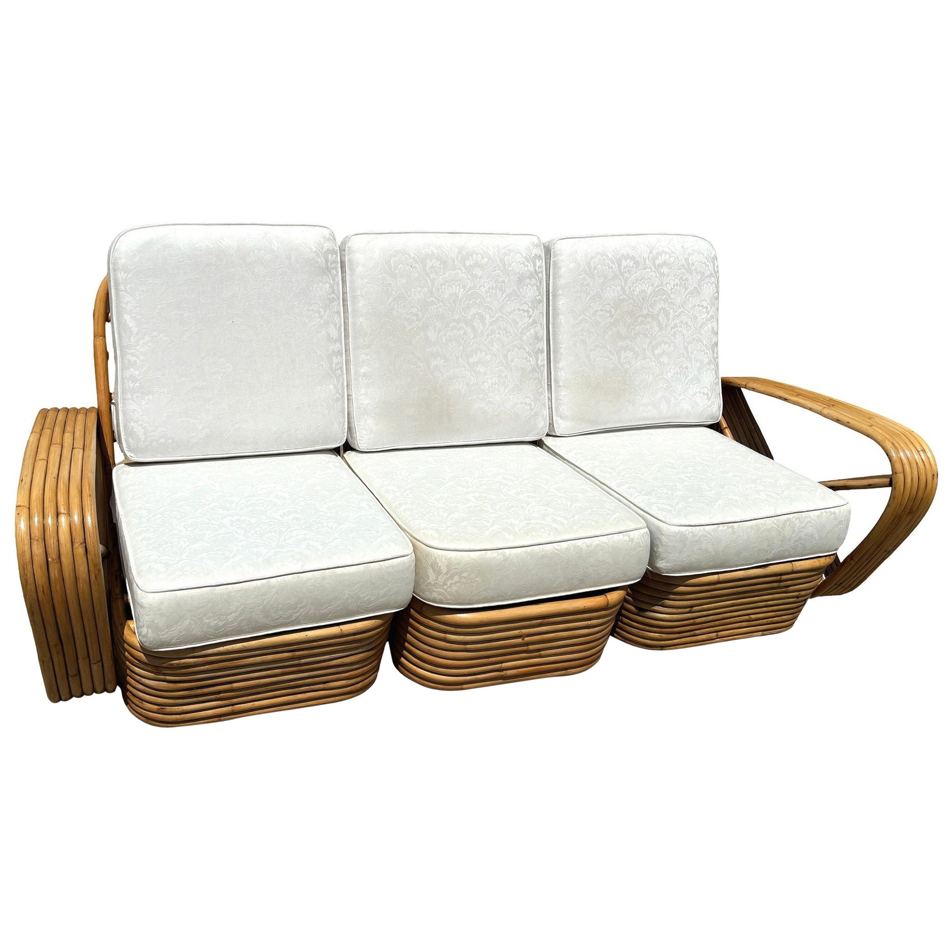 Restauriertes Rattan-Sofa im Frankl-Stil mit sechs Strängen und quadratischer Brezel als 3-Sitzer-Sitz