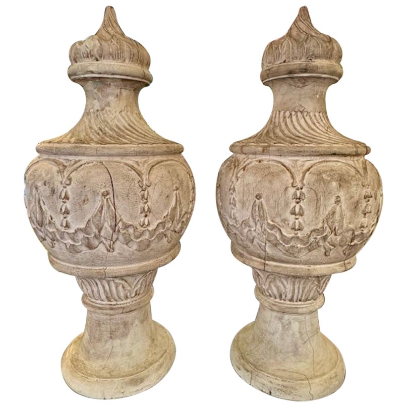 19th Century Carved and White-Washed Wooden Urns