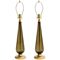 Italian 1970s Smoke Glass and Brass Lamps 8