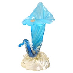 Seguso Murano Blue Opalescent Gold Flecks Base Italian Art Glass Flower Vase