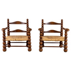 Pair of Oak and Rush Armchairs by Charles Dudouyt, 1930s