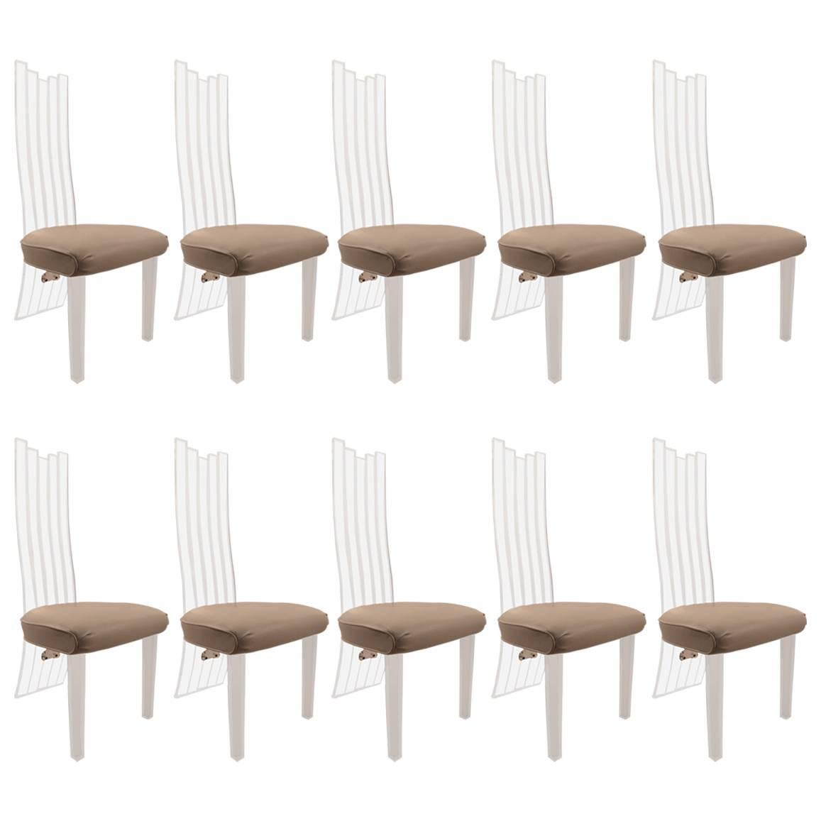 Set of Ten High Back Lucite Dining Chairs
