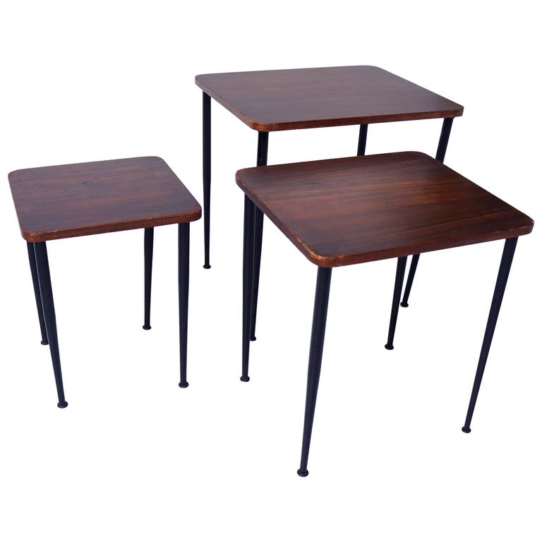 Teak Nesting Tables Black Metal 1960s at 1stDibs
