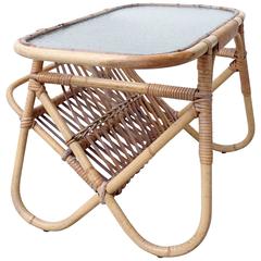 Vintage Rattan Bamboo Glass Coffee Table Magazine Rack Rohe Noordwolde, Dutch