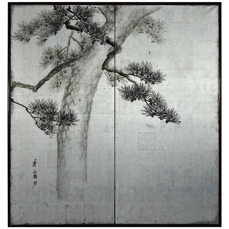 Japanese Two Panel Screen Pine Tree and Wisteria at 1stdibs