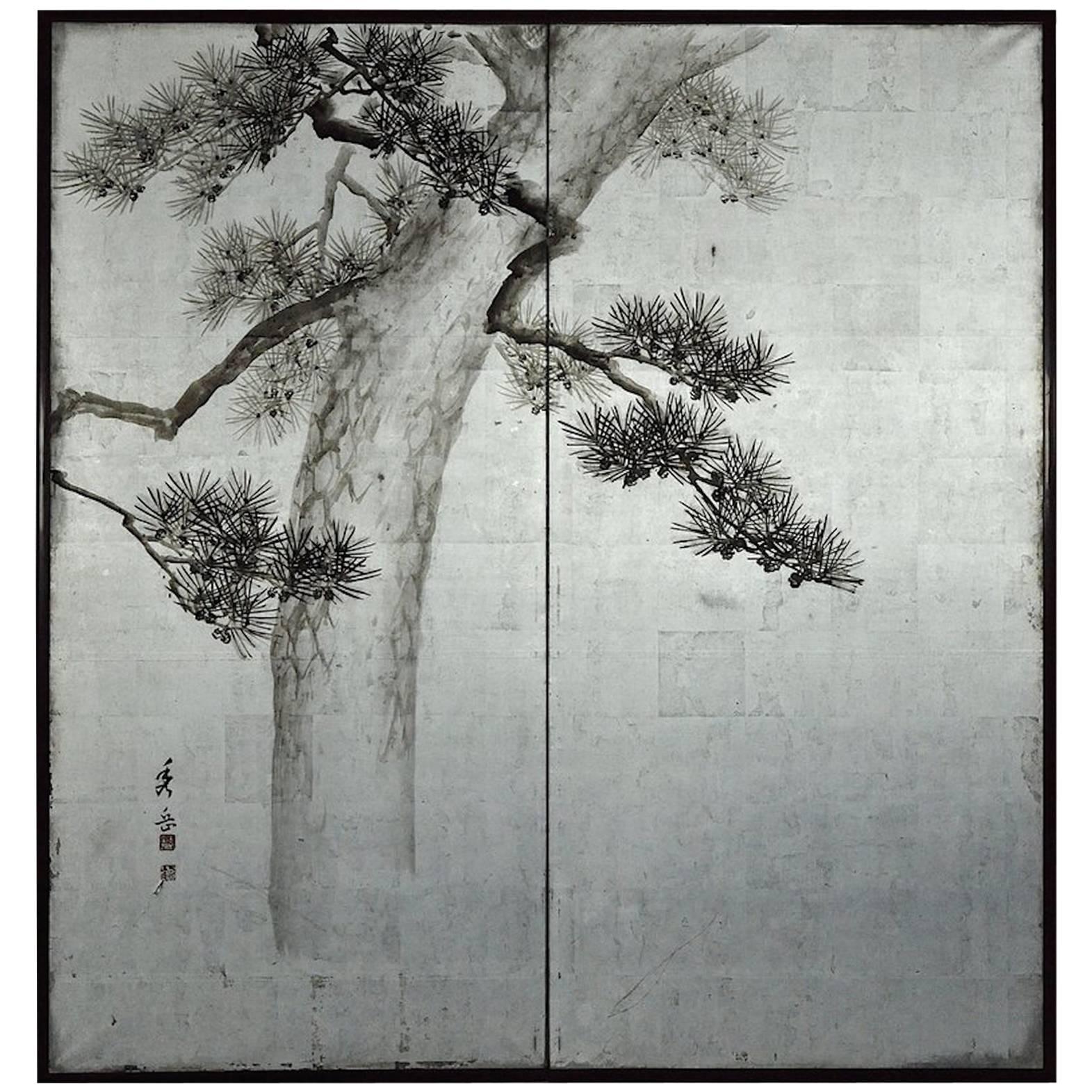 Japanese Two-Panel Screen "Pine Tree on Silver"