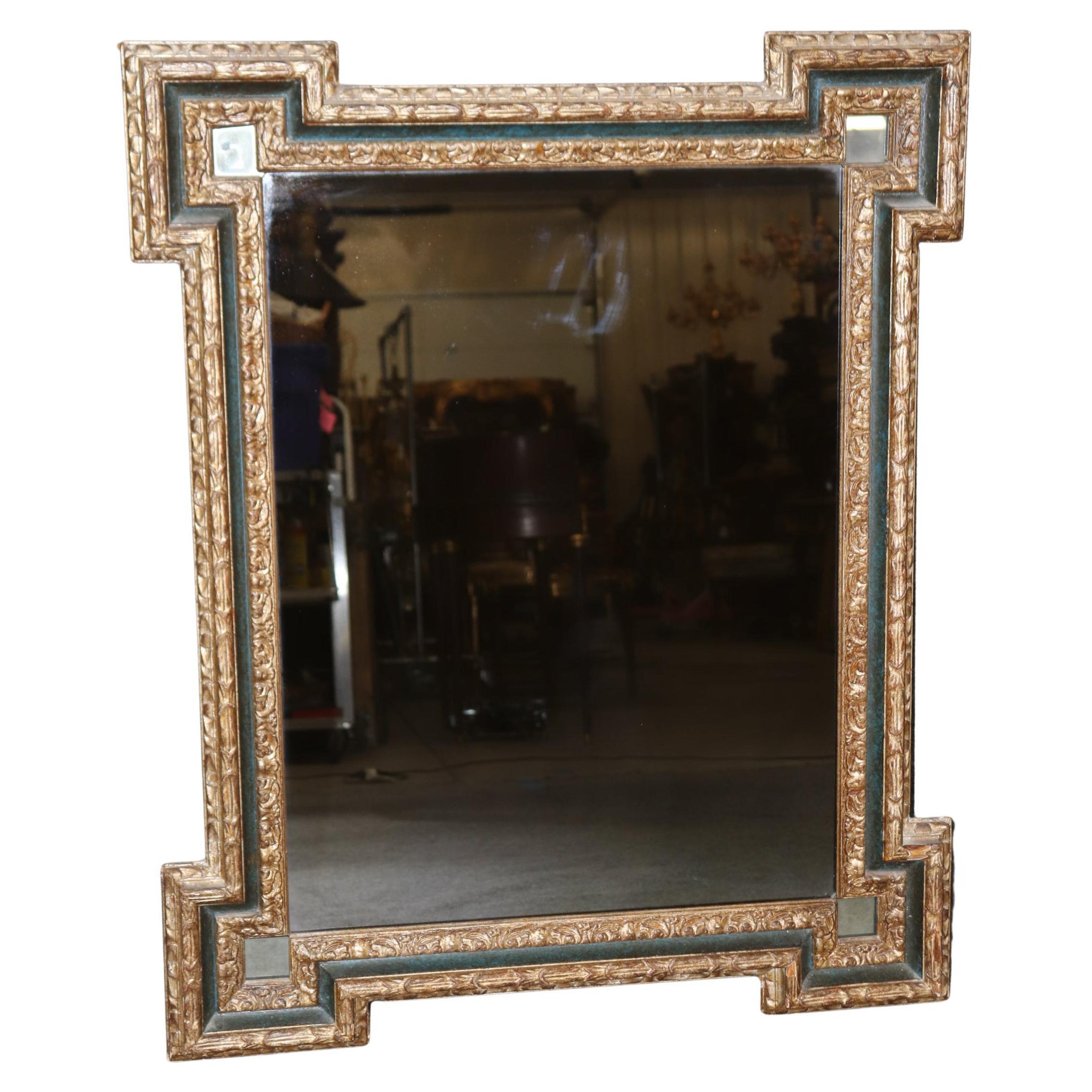 Louis XVI Style Ebonized and Silver Gilt Distressed Carved Smoked Glass Mirror