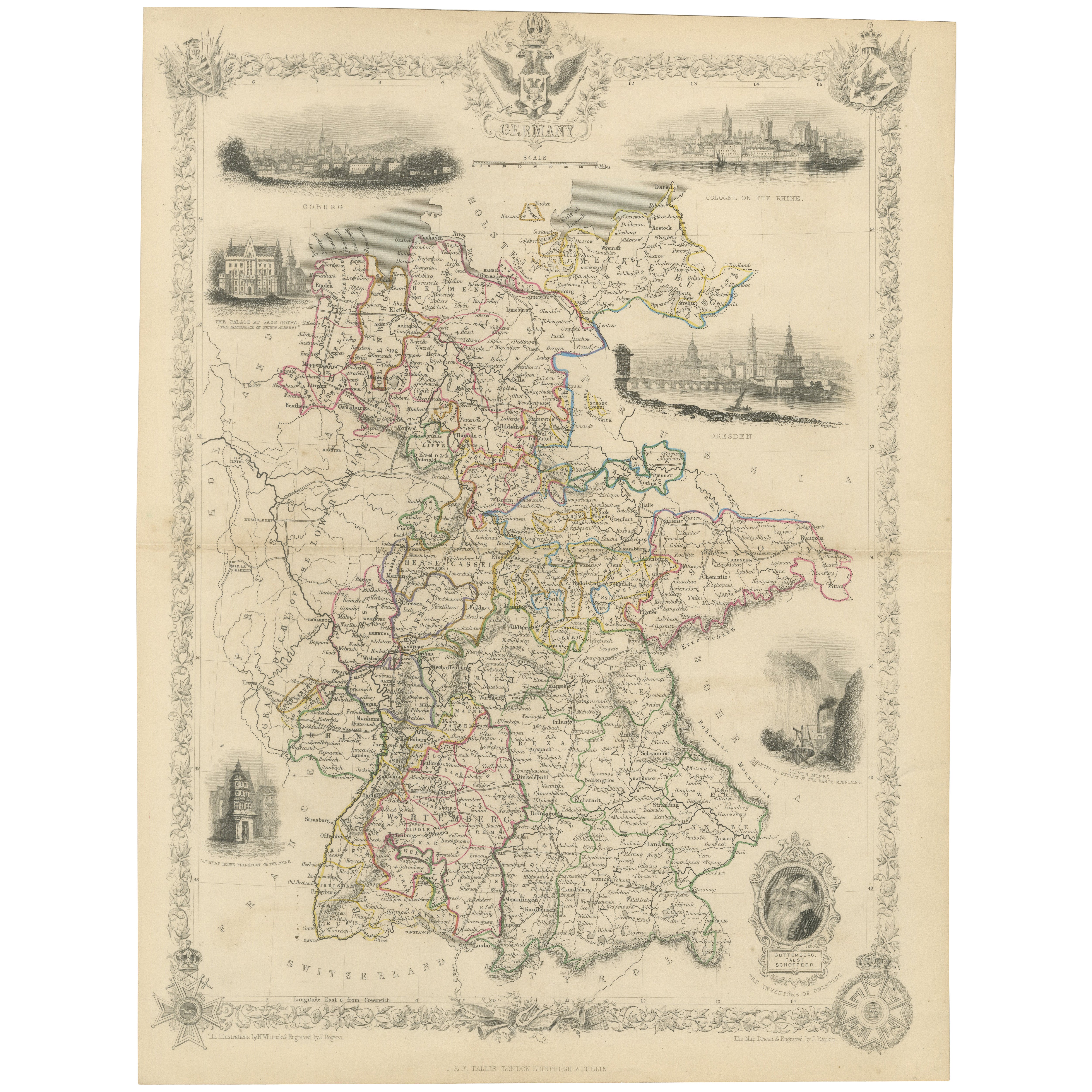 Ornate Hand-Colored Map of Germany by John Tallis with Vignettes, ca. 1850