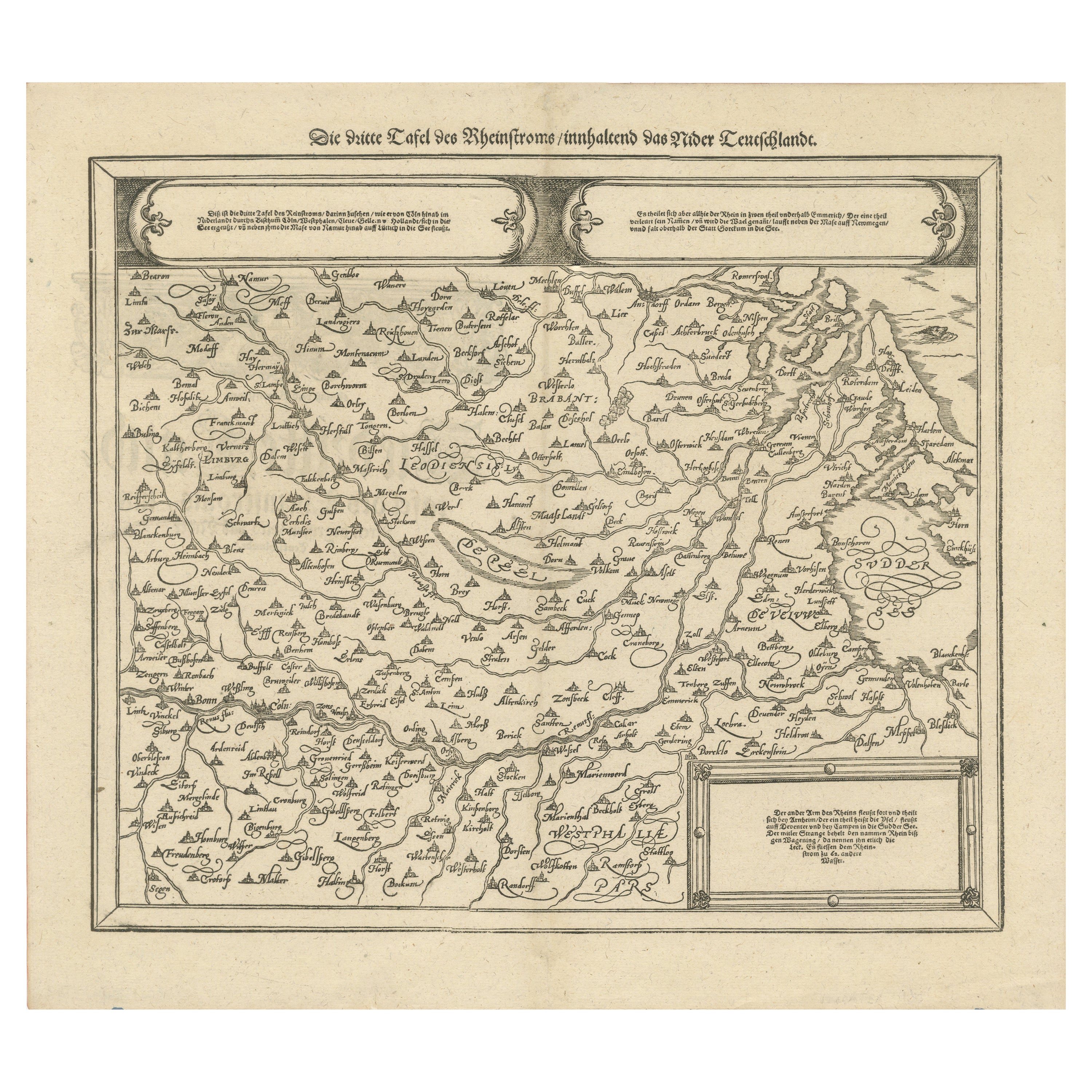 Early Woodcut Map of the Rhine River Region in Germany and Holland, circa 1628