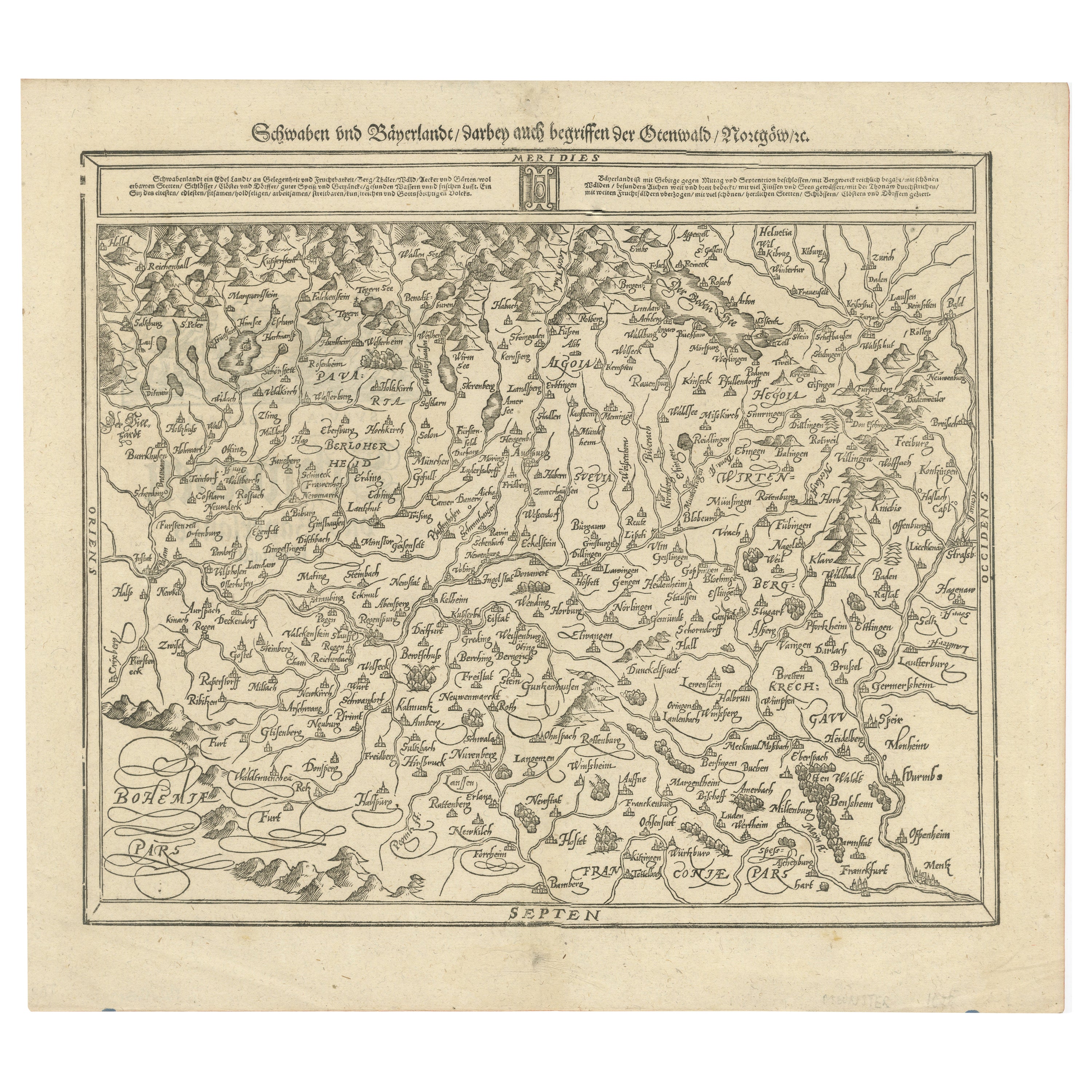 Frühe Holzschnittkarte von Swabia und Bayern in Deutschland, 1628 im Angebot
