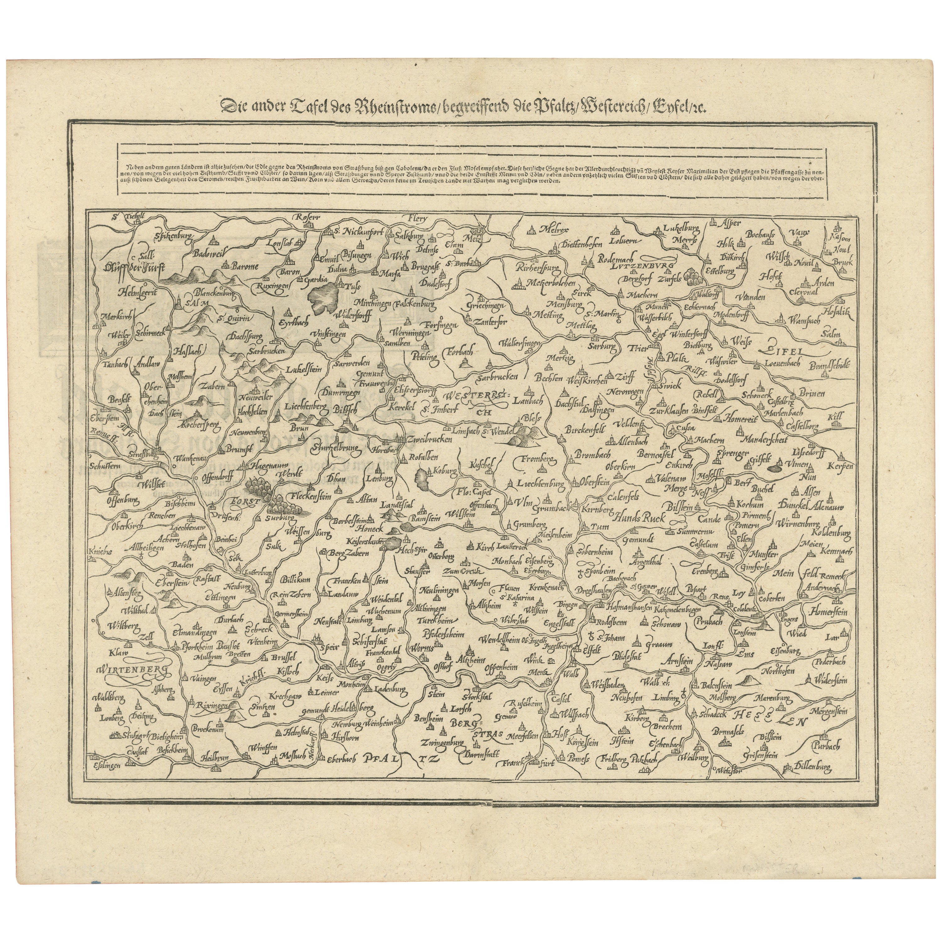Woodcut Map of the Rhine River Region Covering the Palatinate, Austria and Elsa For Sale