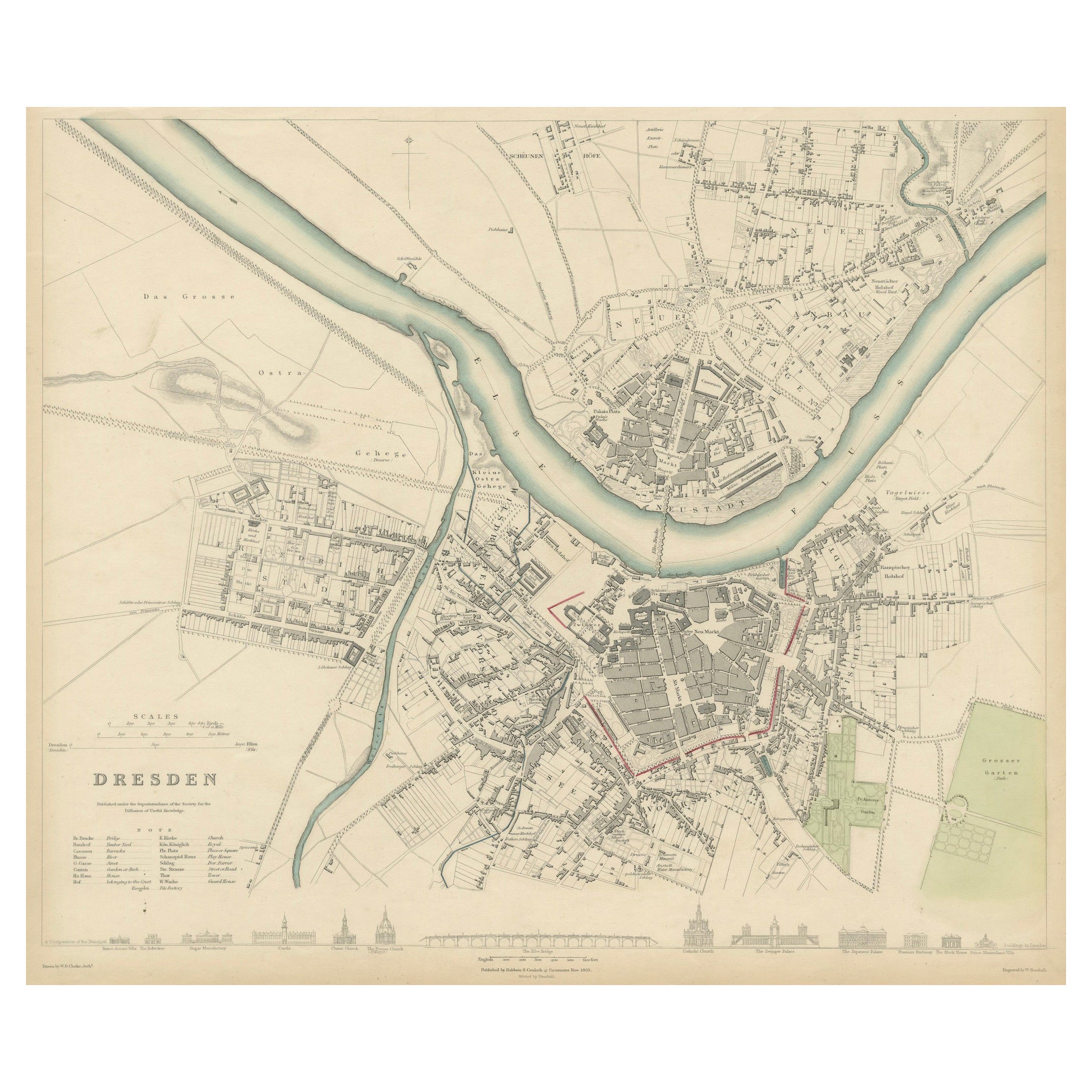 Dresden Germany, Old Town Plan by Baldwin & Cradock 1833
