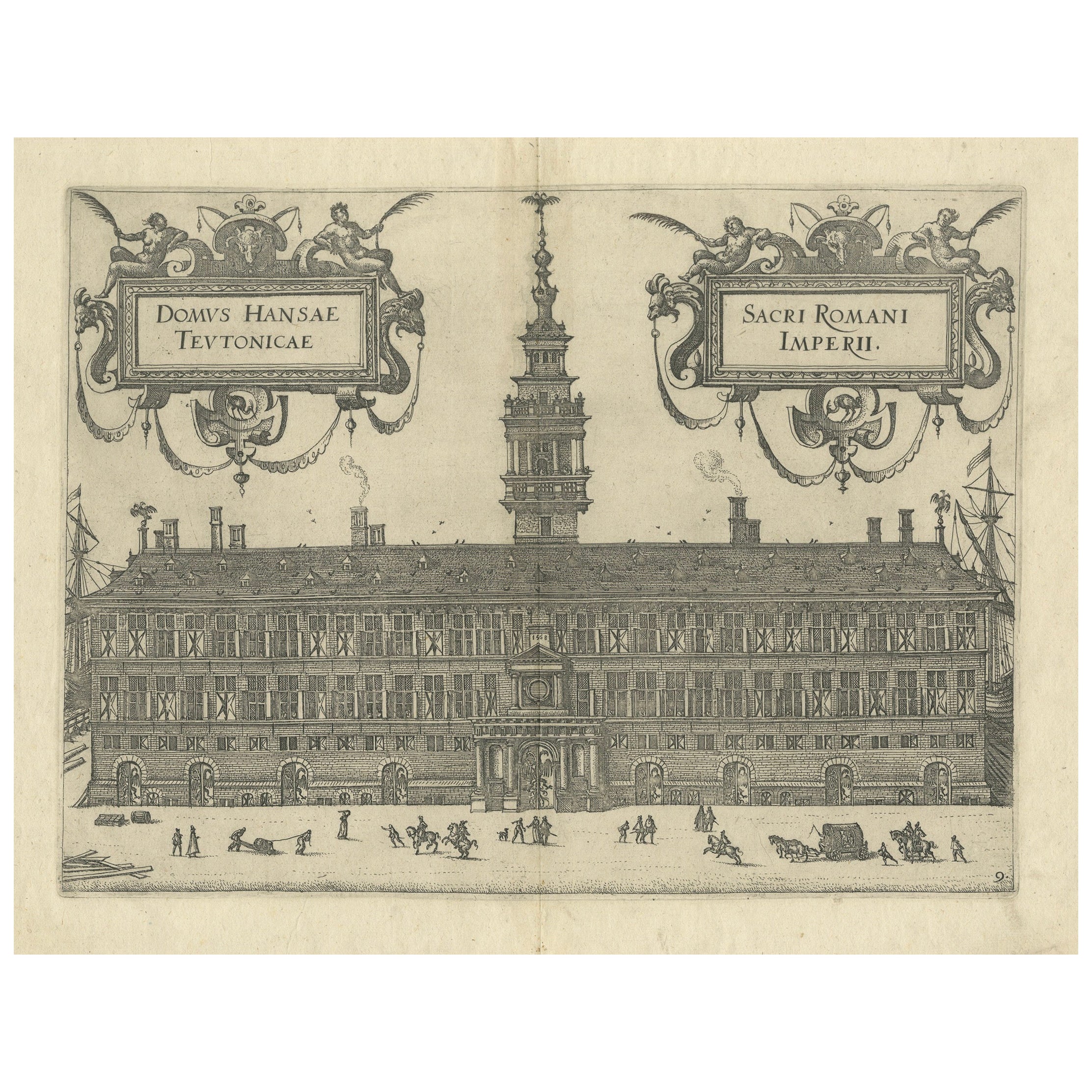 Rare 1582 Copper Engraving of Hanseatic House, Antwerp by Guicciardini