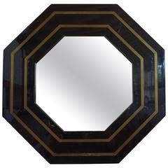 French Octagonal Black Lacquer and Brass Mirror