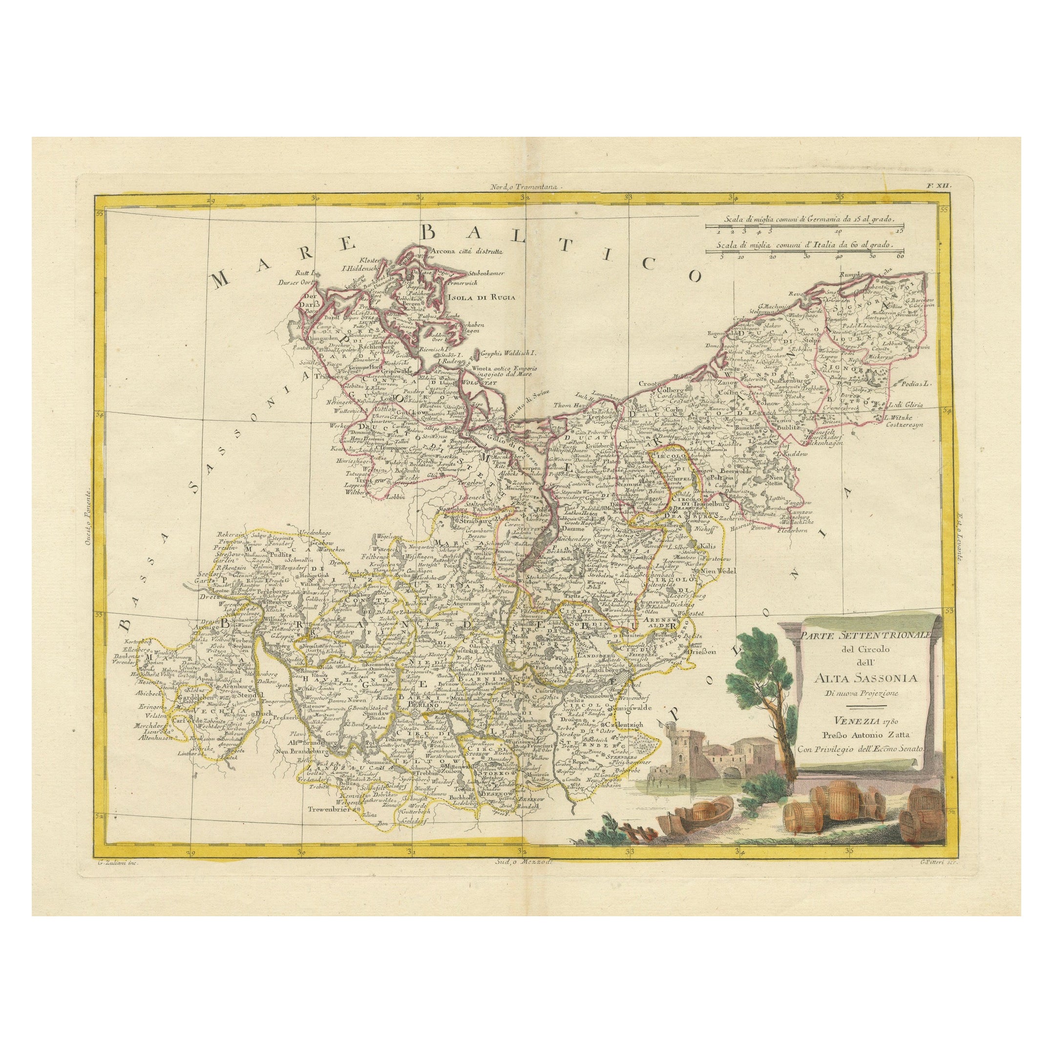 Vibrant 1782 Map of Northern Upper Saxony and Baltic Coast by Antonio Zatta For Sale