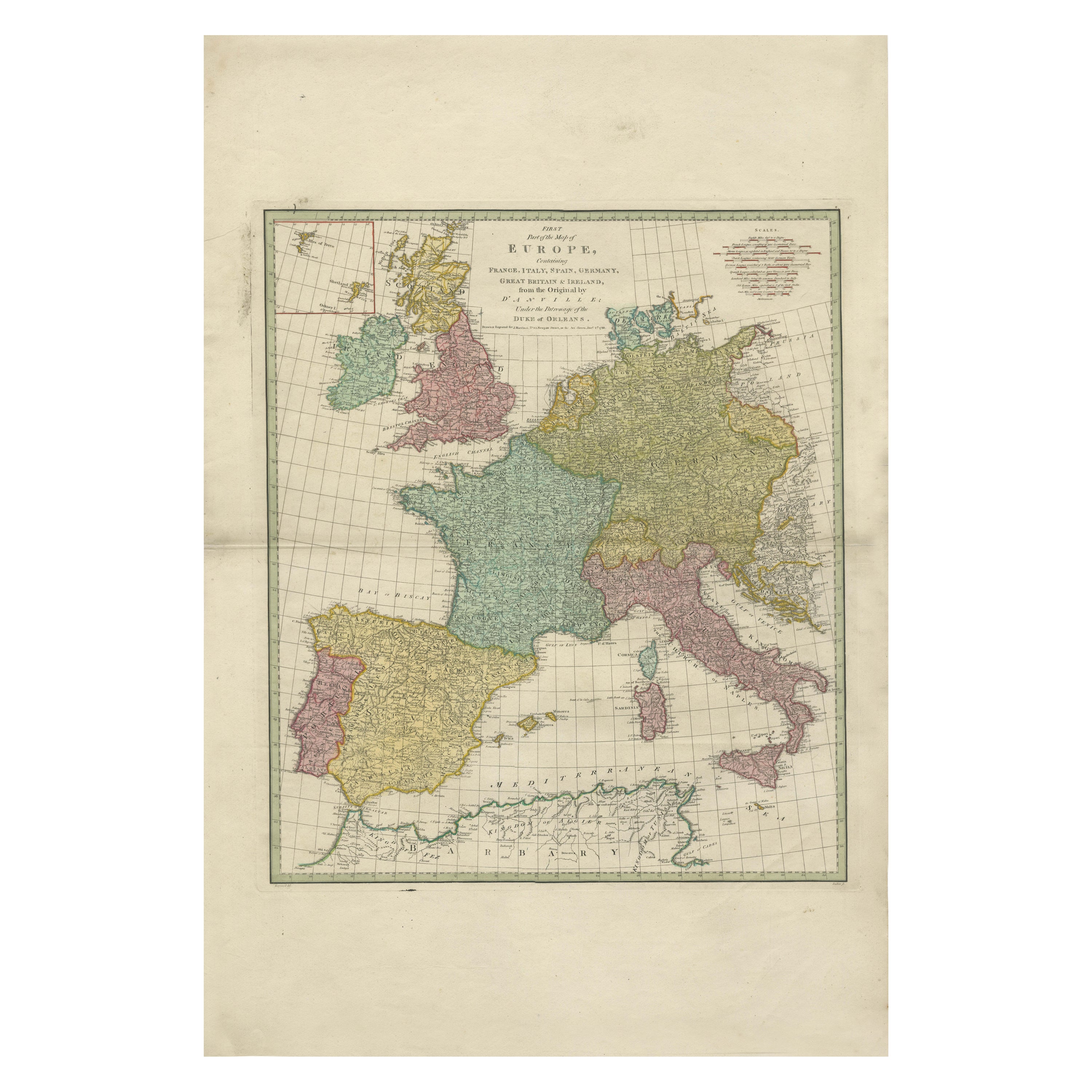 Mapa de Europa de 1788 - Francia, Italia, España, Alemania, Gran Bretaña e Irlanda en venta