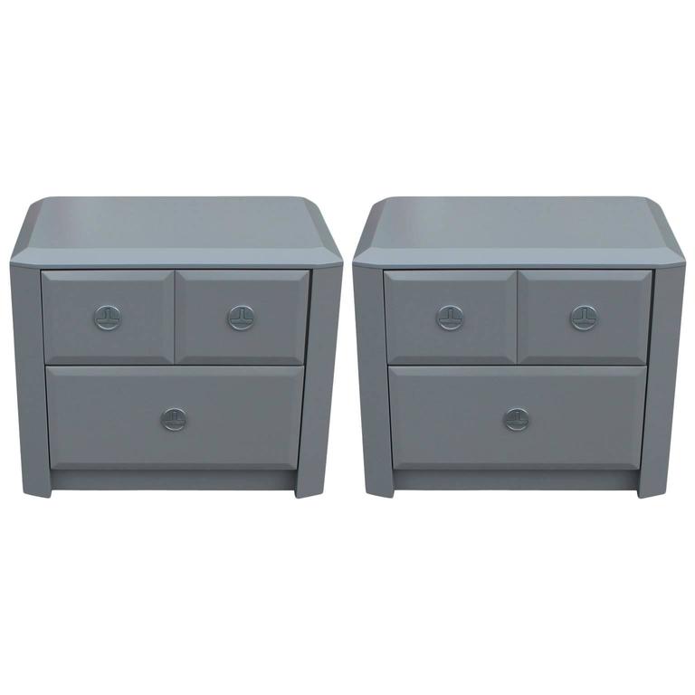 Pair of Modern Grey Lacquered Gem Cut Two Drawer Nightstands For Sale