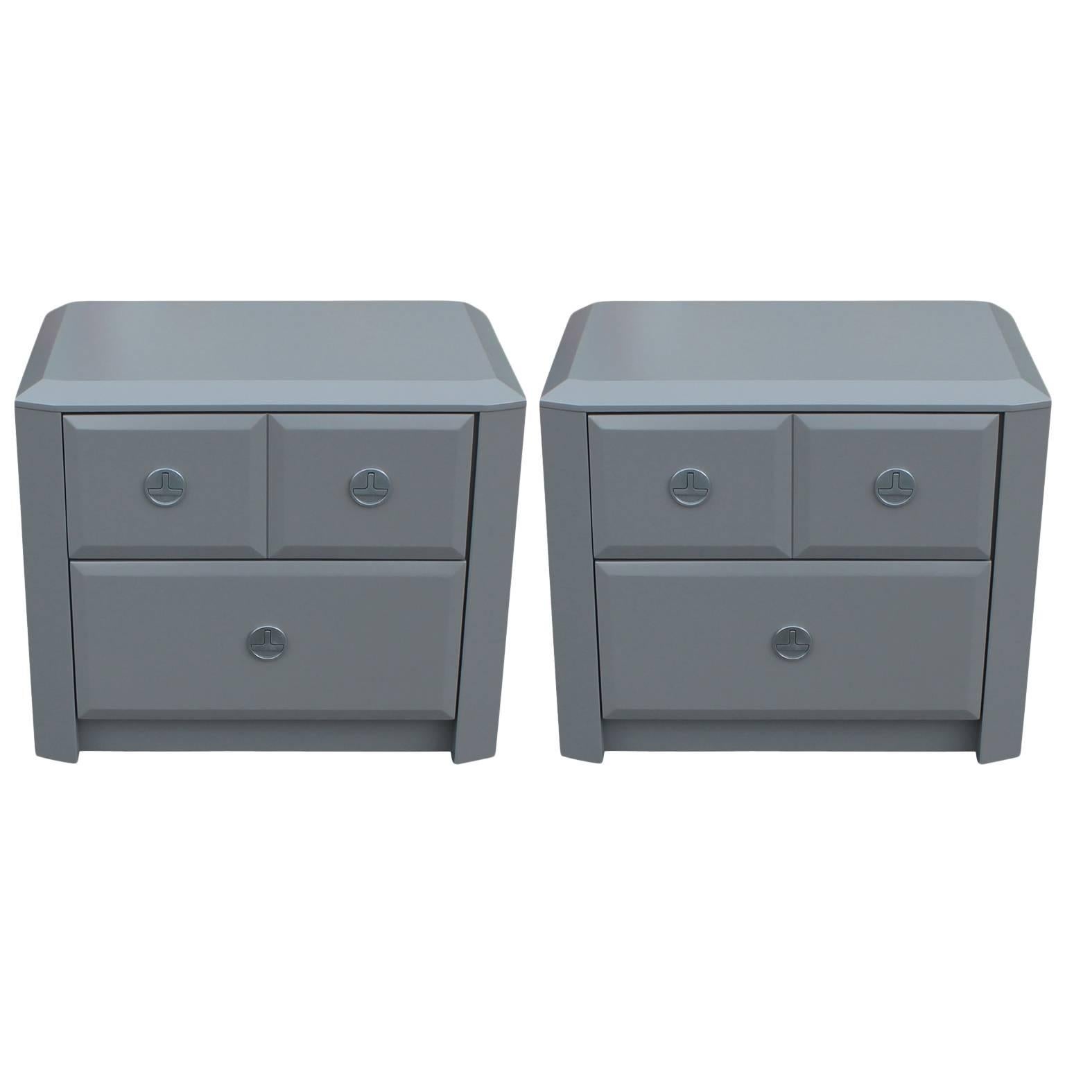 Pair of Modern Grey Lacquered Gem Cut Two Drawer Nightstands