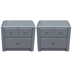 Vintage Pair of Modern Grey Lacquered Gem Cut Two Drawer Nightstands