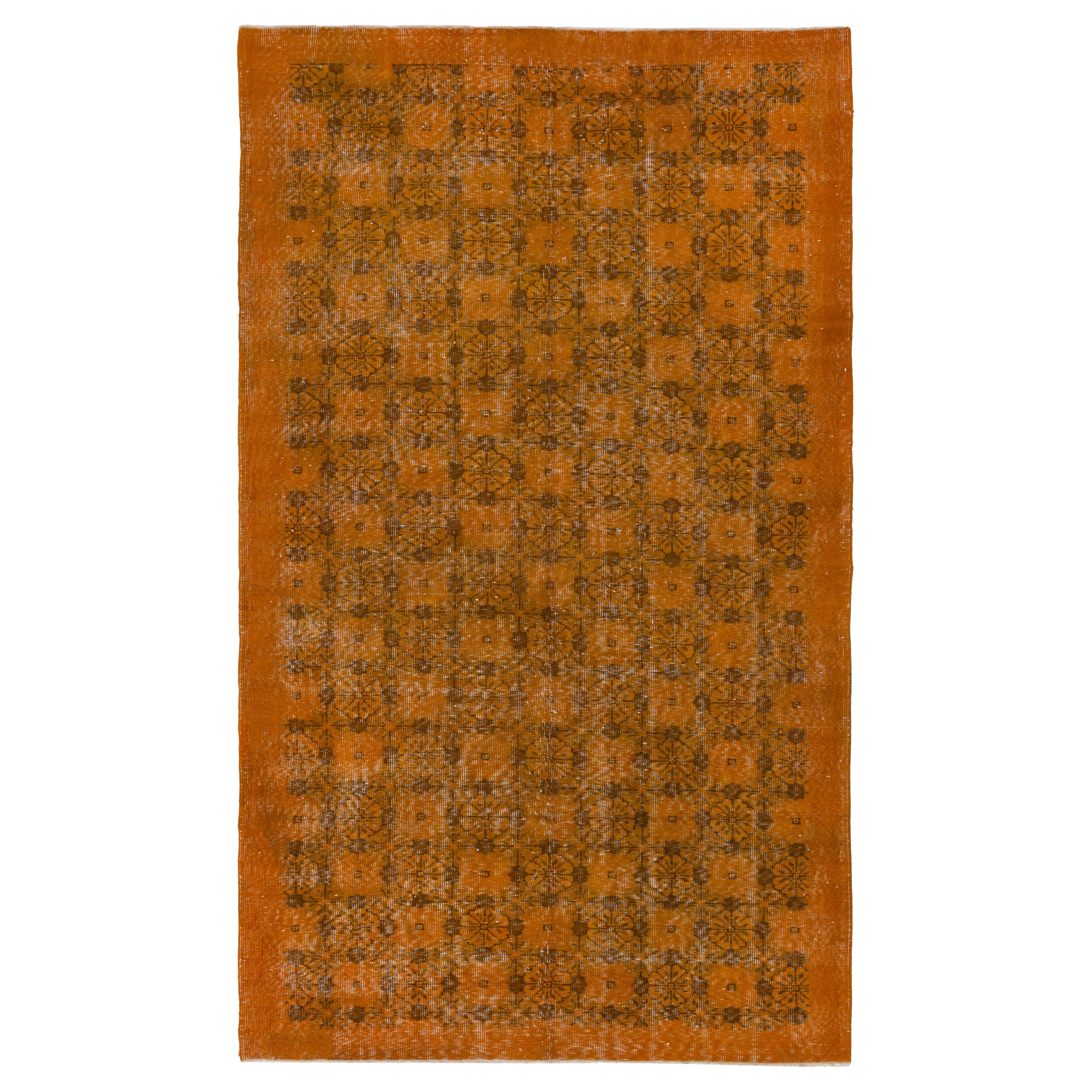 5.3x8.8 Ft Orange Color Handmade Turkish Wool Area Rug with Floral Design