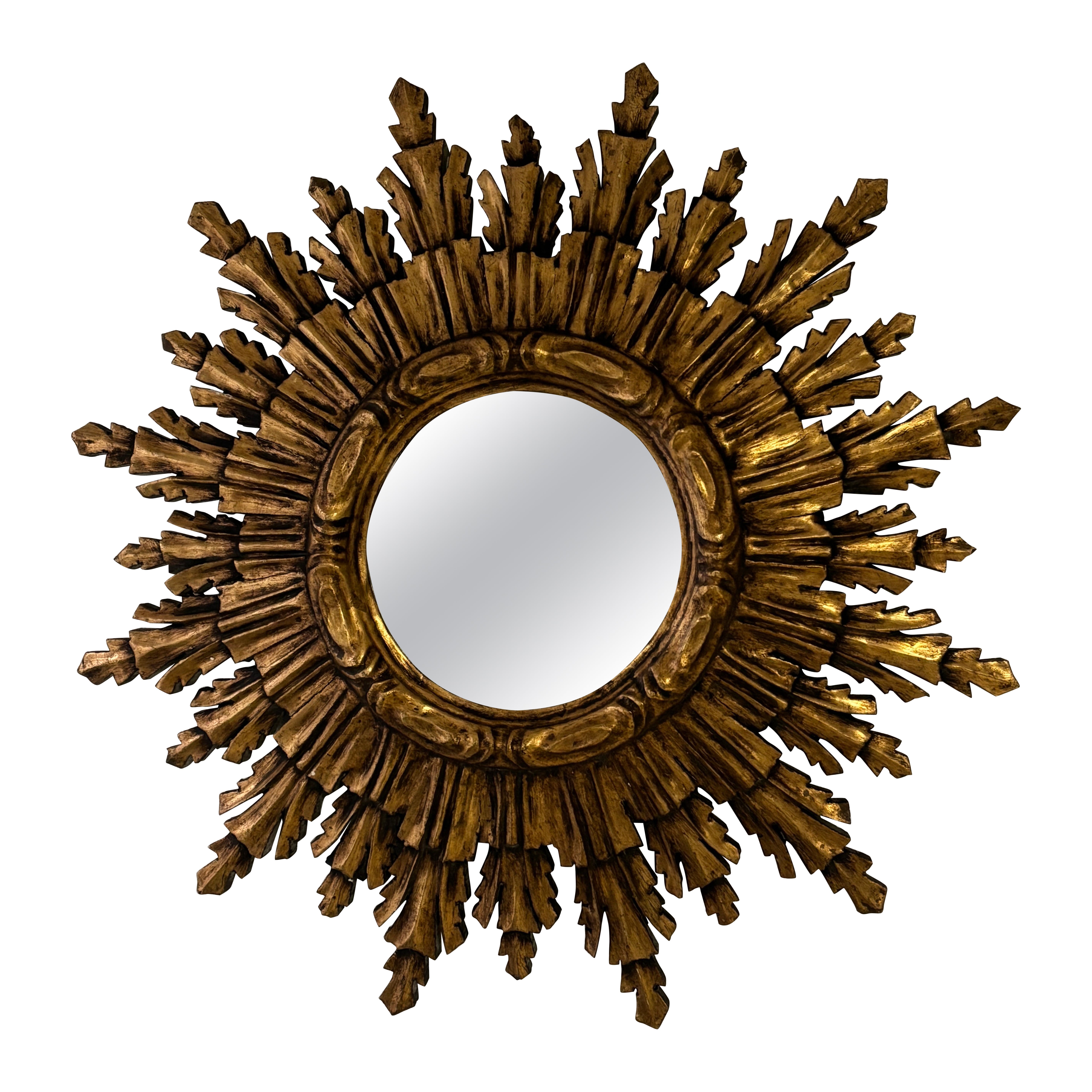 Raro specchio francese Big 24" convesso e dorato a raggiera Starburst degli anni '40