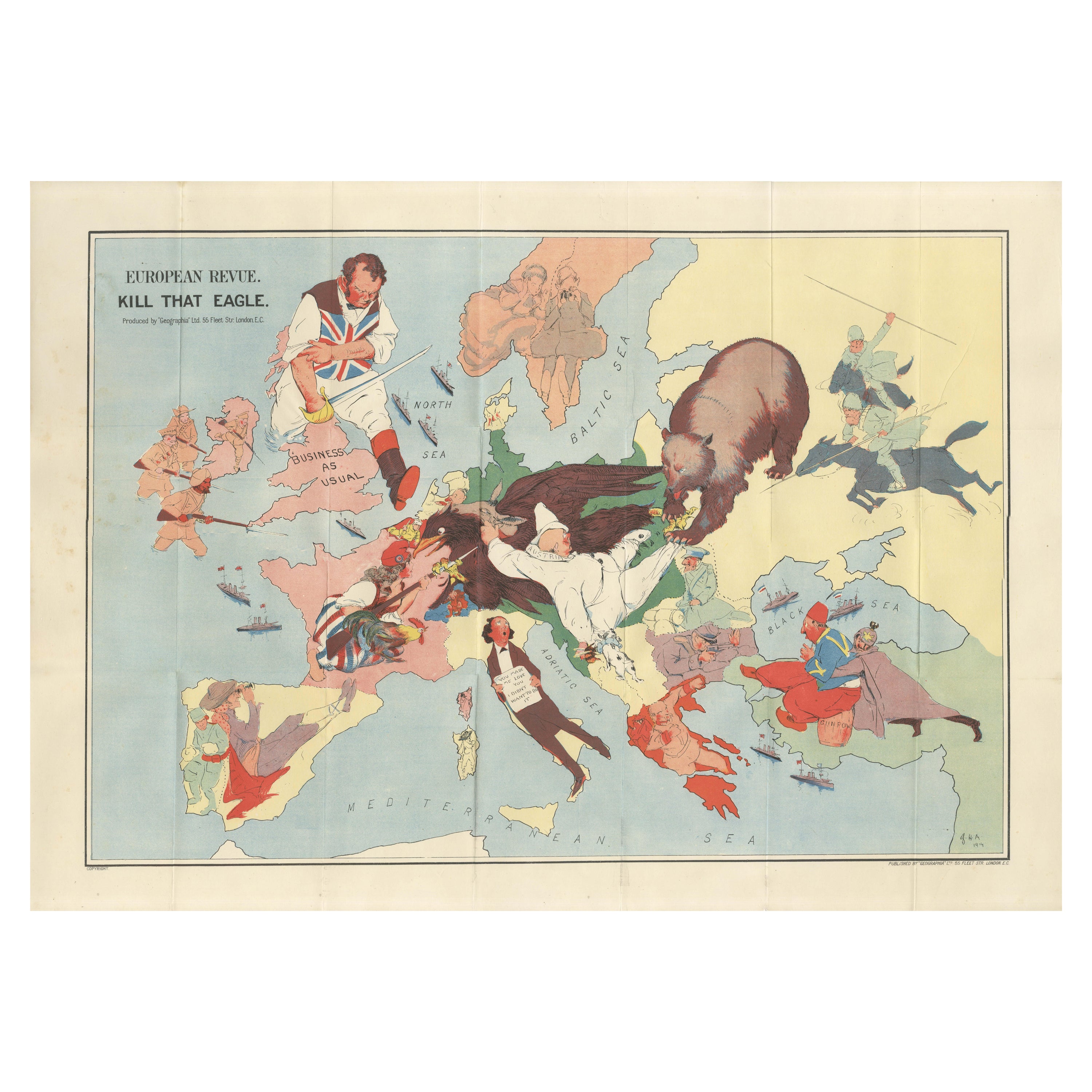 WWI Satirical Cartoon Map: 'Kill That Eagle' by J.H. Amschewitz, 1914
