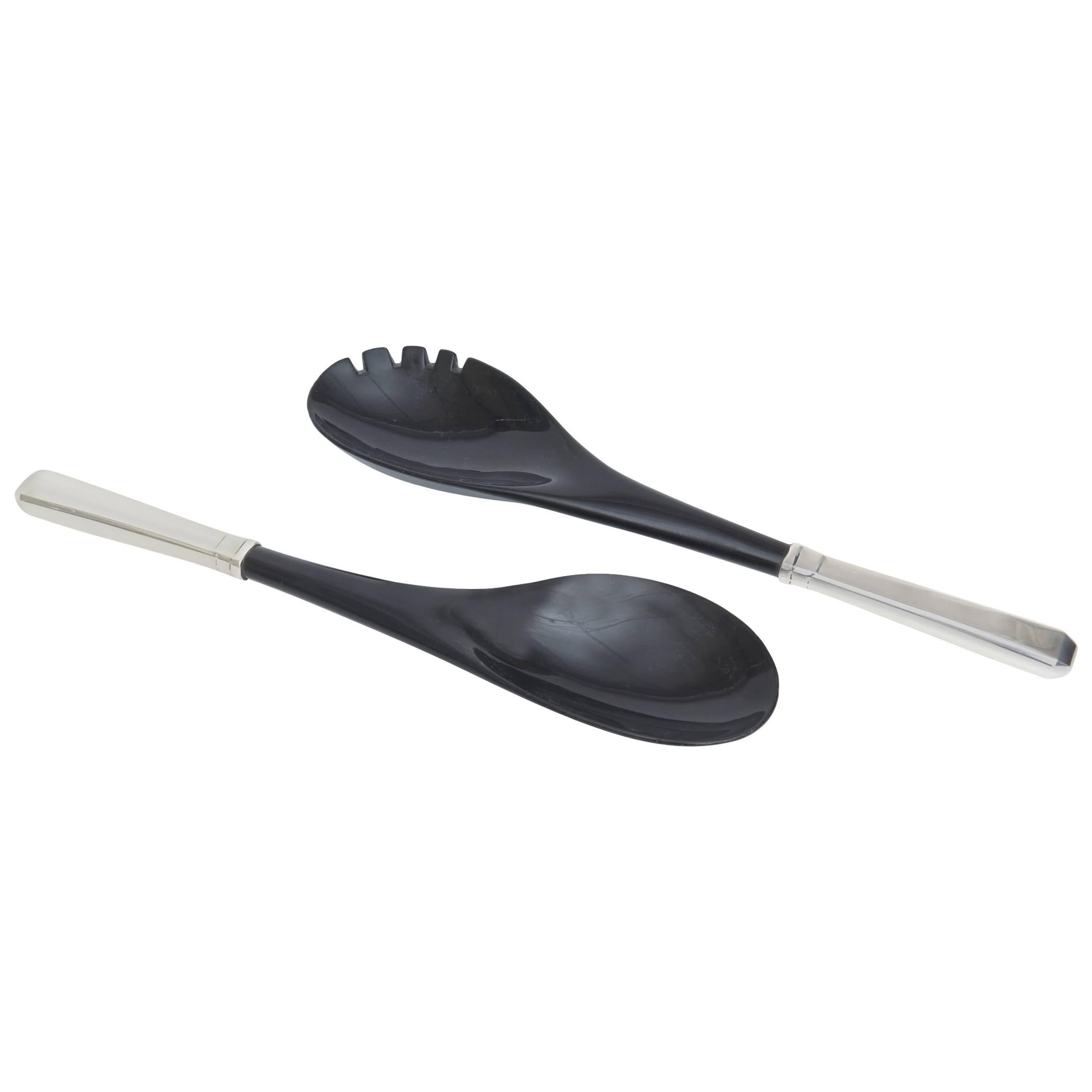Pair of Horn and Sterling Silver Salad Servers /Serving Pieces