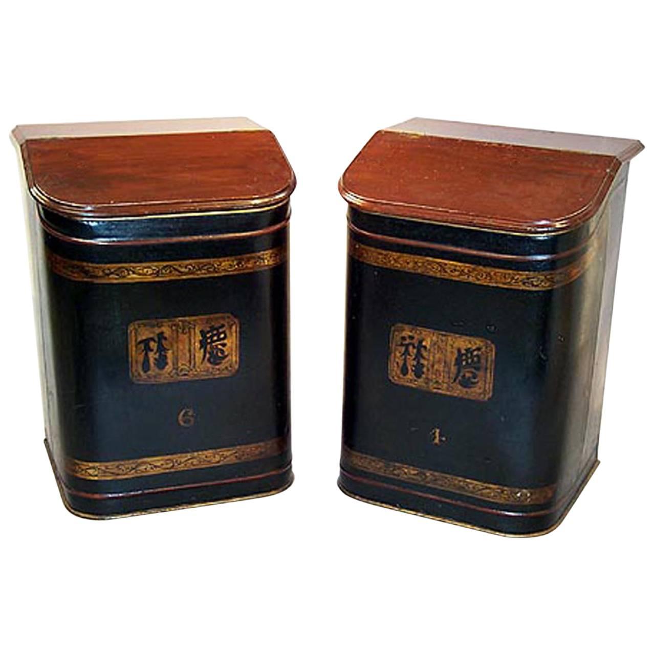 Pair of 19th Century Anglo-Chinese Tole Tea Bins For Sale