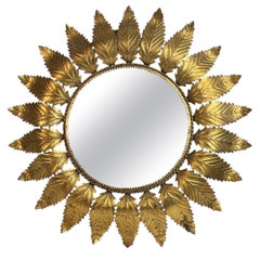 Miroir soleil en métal doré, cadre à feuilles Tole, France, années 1950