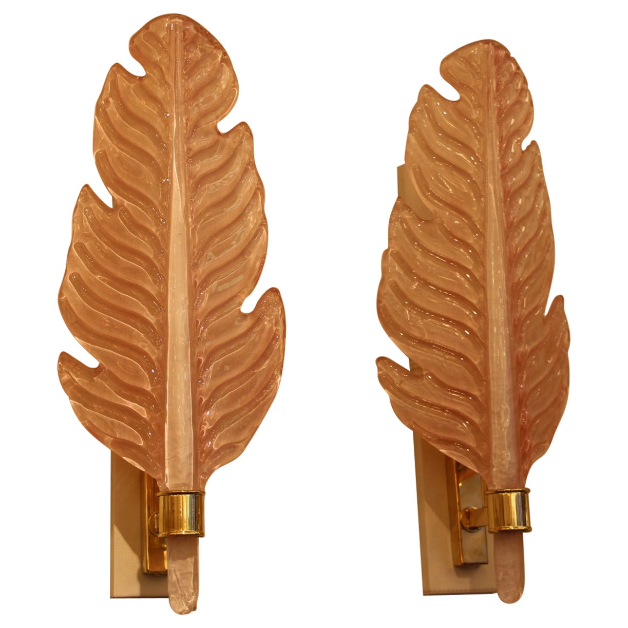 Pair of Pink Murano Glass Sconces, Leaf Shape Wall Lights,  Barovier Style