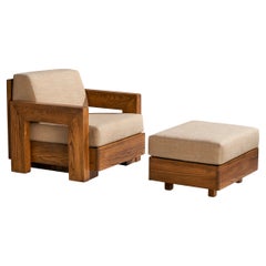Howard Furniture, Loungesessel mit Ottomane, Eiche, Stoff, USA, 1950er Jahre