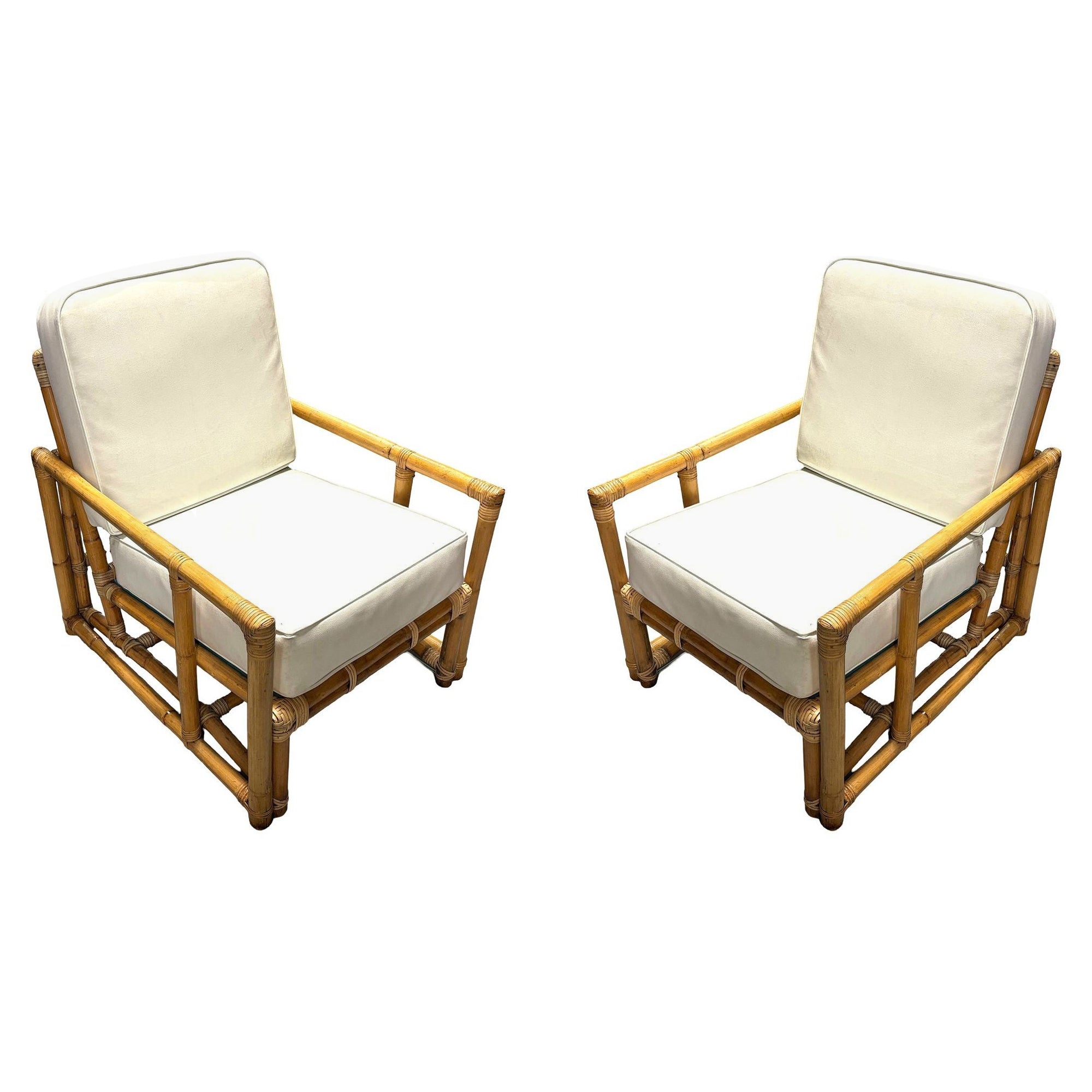Restored James Mont Inspired Rattan Lounge Chairs w/ Modernist Arms